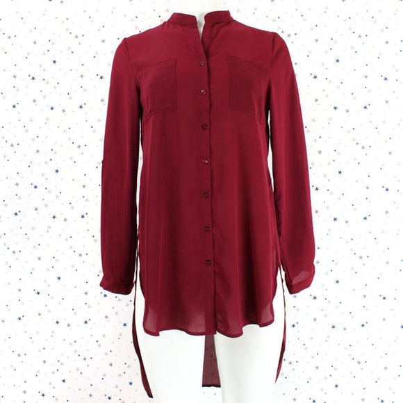 Woven Chiffon Button Up Hi Lo Blouse Shirt Burgundy - Picture 3 of 8
